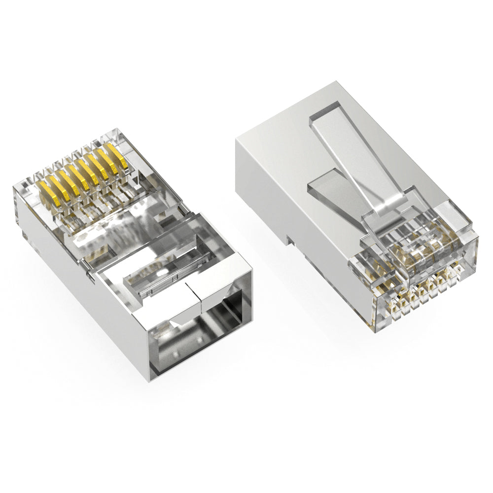 RJ45 CAT6 STP Feed Through Plug for Solid and Stranded 3-Prong 50 Micron 100pk RJ45 CAT6 STP Feed Through Plug for Solid and Stranded 3-Prong 50 Micron 100pk